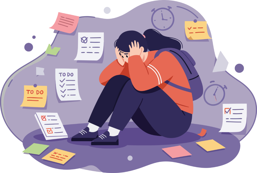 Colorful drawing of a stressed college student surrounded by floating check lists, to do lists, and clocks.