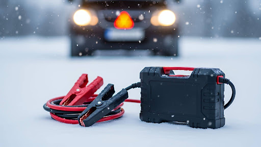 Portable car charger in a snowstorm with a car blurred in the background as a reminder to ADHD drivers that these exist.